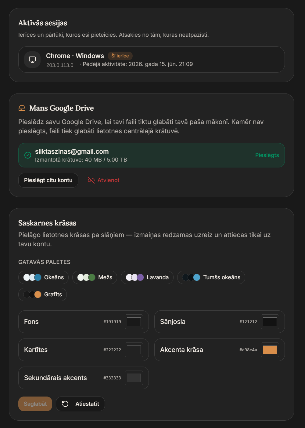 Pieslēgts Google Drive un krāsu paletes tumšajā režīmā.