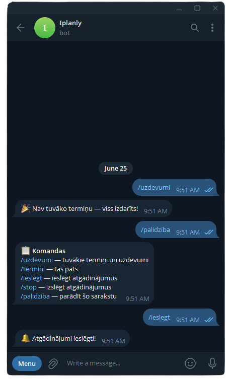 iplanly bots Telegram čatā ar komandām un atgādinājumiem.
